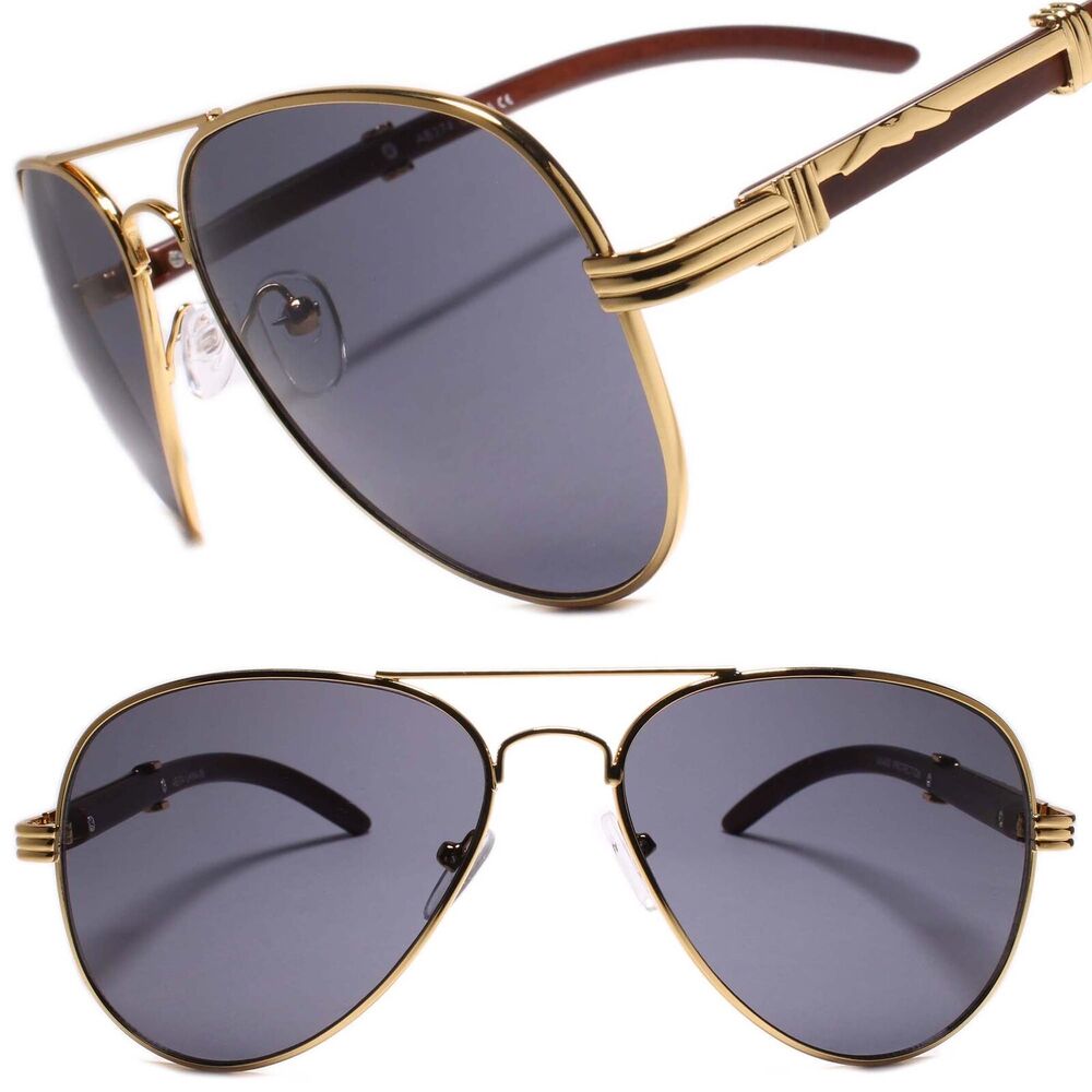 Mens Classy Elegant Retro 80s 90s Style Sunglasses Large Gold & Faux Wood Frame